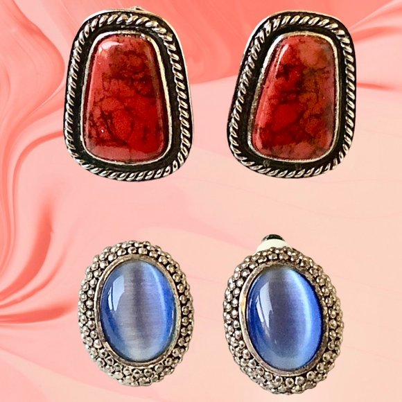 Vintage Earrings Silvertone and Faux Gemstones Screwback + Clip On 2 pairs - Picture 6 of 12